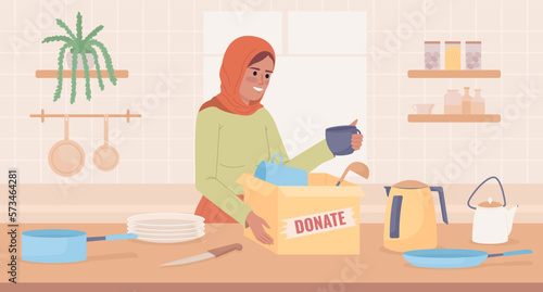 Decluttering kitchen appliances and utensils flat color vector illustration. Packing for donating. Hero image. Fully editable 2D simple cartoon character with interior on background. Oswald font used