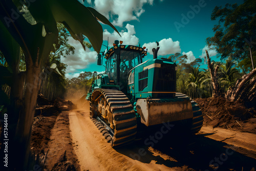 Bulldozers drive on roads among logging sites in the tropical rain jungle of the Amazon. Generative AI.