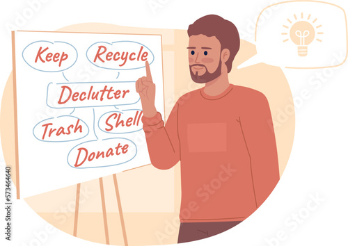 Making decluttering plan flat concept vector spot illustration. Editable 2D cartoon character on white for web design. Responsibility creative idea for website, mobile, magazine. Caveat font used
