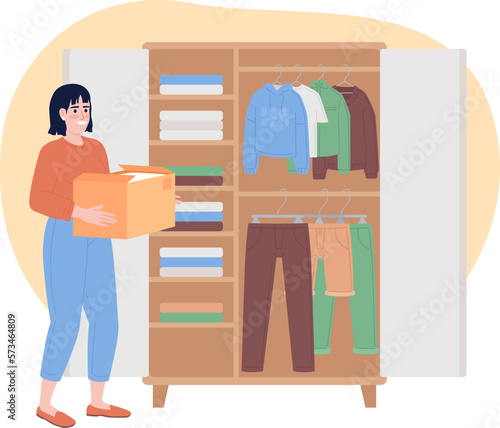 Organizing clothes on shelves in closet 2D vector isolated spot illustration. Happy woman with box flat character on cartoon background. Colorful editable scene for mobile, website, magazine