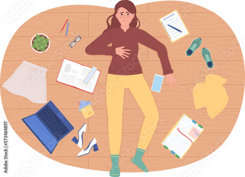 Feeling overwhelmed with clutter flat concept vector spot illustration. Editable 2D cartoon character on white for web design. Sad girl lying on floor creative idea for website, mobile, magazine