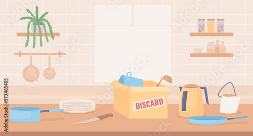 Kitchen countertop with cardboard boxes for discarding flat color vector illustration. Declutter appliances, utensils. Editable 2D simple cartoon interior with window on background. Oswald font used