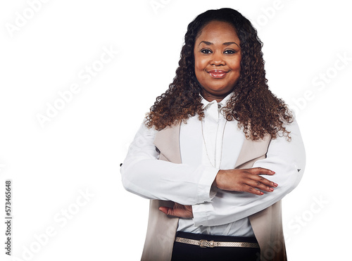 Bild auf Leinwand A smiling attractive middle-aged plus-size plump woman in a business suit looking decent and goal oriented isolated on a png background