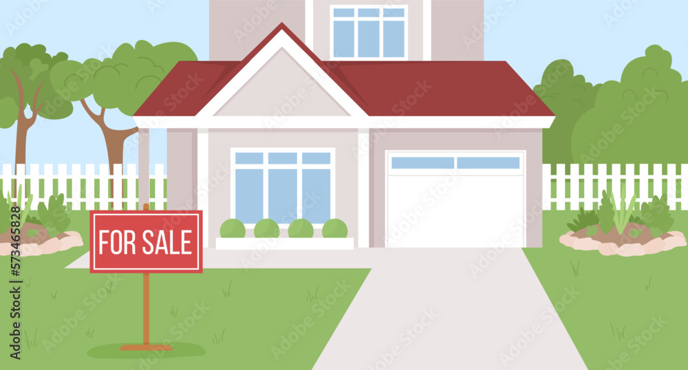 Suburban house for sale flat color vector illustration. Selling new real estate. Two story home with garage and garden on backyard. Editable 2D simple cartoon landscape. Bebas Neue Regular font used - obrazy, fototapety, plakaty 