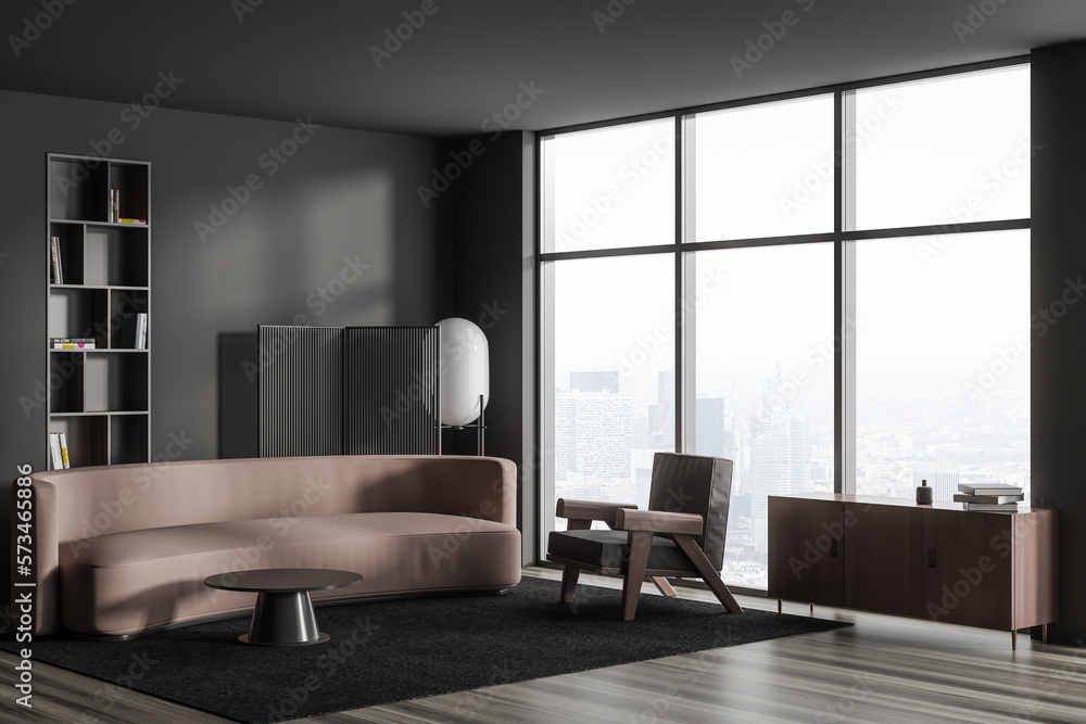 Fototapeta premium Grey relaxing interior with couch, armchair and shelf with decoration