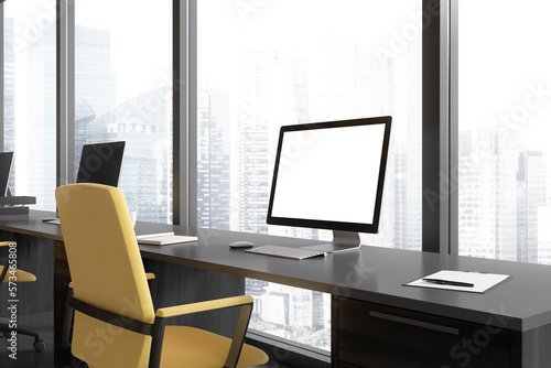 Wallpaper Mural Office interior with pc desktop on table with mockup display, panoramic window Torontodigital.ca