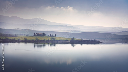 Lake Santa Luce view in a misty morning. Tuscany, Italy © stevanzz