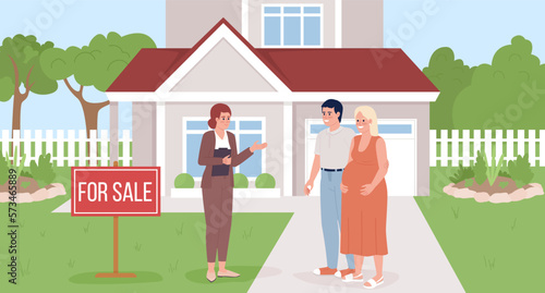 Real estate agent showing home to pregnant couple flat color vector illustration. Hero image. Fully editable 2D simple cartoon characters with landscape on background. Bebas Neue Regular font used