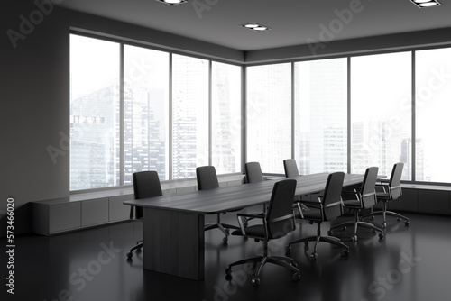 Grey business room interior with board and panoramic window