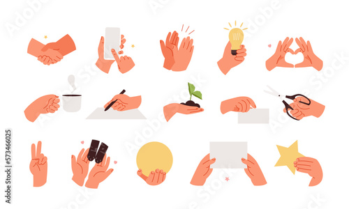 Hands set concept and various gestures. Handshake, business, coffee, signature, idea, applause, ecology, love