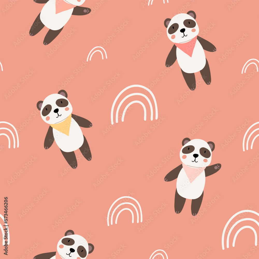Cute bear seamless pattern. Panda with rainbows. Kawaii cartoon character. Baby greeting card template. Notebook cover, tshirt.