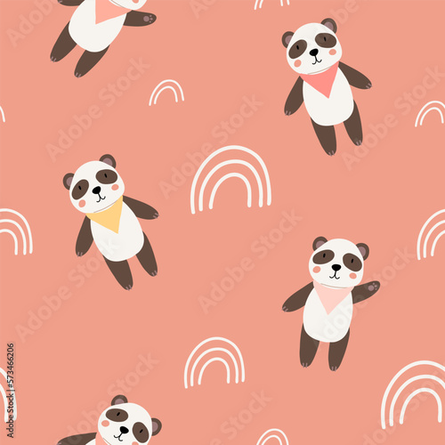 Fototapeta Naklejka Na Ścianę i Meble -  Cute bear seamless pattern. Panda with rainbows. Kawaii cartoon character. Baby greeting card template. Notebook cover, tshirt.