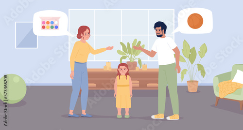 Opposite parenting styles flat color vector illustration. Sad preschool toddler girl and quarreling parents. Hero image. Editable 2D simple cartoon characters with living room interior on background