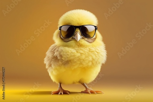 cheerful chick in black sunglasses on a yellow background Fototapeta