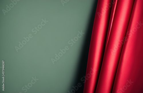Silk curtain in red color. Banner with copy space green color. Generative AI.