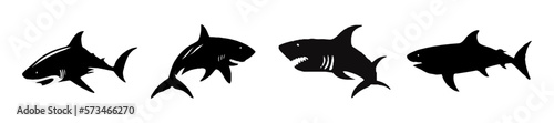 Black and white vector set of shark logo. Black and white style. Predatory fish in the water. Perfect for postcard, book, poster, banner, merch, t-shirt. Logo set. Vector illustration