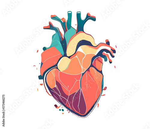 Watercolor cartoon human heart isolated on white background. Watercolor heart with valve and arteries. Medicine. Ideal for postcard, book, poster, banner. Vector illustration
