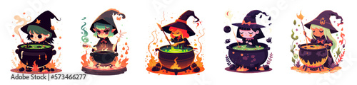 Set of little witches. Vector set of witch brew a potion on a white background. Cartoon set of fairytale sorceress icons. Ideal for print, game interface, book, sticker or poster. Vector illustration
