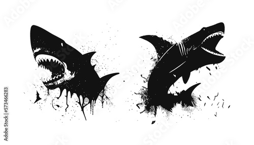 Textured black and white vector set of shark logo. Black and white style. Predatory fish in the water. Perfect for postcard, book, poster, banner, merch, t-shirt. Logo set. Vector illustration