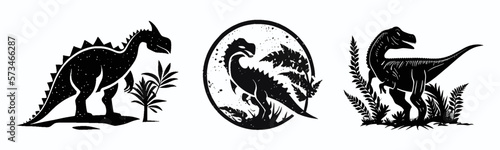 Black and white vector set of logo dinosaur  dragon. Black and white style. Herbivore  predatory dino. Perfect for postcard  book  poster  banner  merch  t-shirt. Logo set. Vector illustration