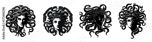 Black and white vector set of gorgon medusa head logo. Black and white style. Woman with snakes for hair. Perfect for postcard, book, poster, banner, merch, t-shirt. Logo set. Vector illustration photo
