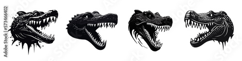 Black and white vector set of crocodile head logo. Black and white style. Reptile with sharp teeth and open mouth. Perfect for postcard, book, poster, banner, merch, t-shirt. Set icons. Vector