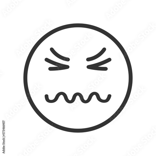 Emoji face with confounded emotion, squiggly mouth, closed eyes and scrunched mimicry. Unhappy, sad, depressed symbol. Emoticon icon isolated on white background. Vector graphic illustration.