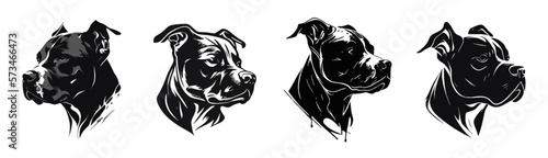 Black and white vector set of pit bull head logo. Black and white style. Purebred pit bull, Stafford with ears. Perfect for postcard, book, poster, banner, merch, t-shirt. Logo set.Vector illustration photo