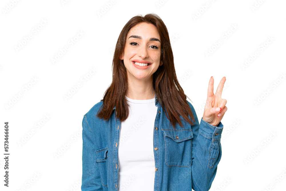 Young caucasian woman over isolated chroma key background smiling and showing victory sign Young caucasian woman over isolated chroma key background smiling and showing victory sign