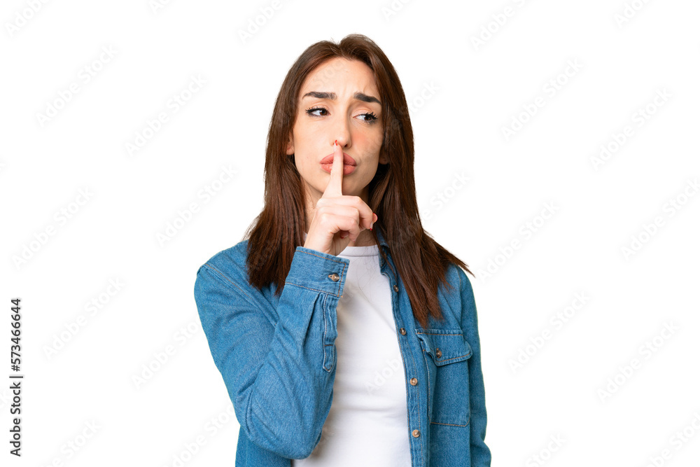 Young caucasian woman over isolated chroma key background showing a sign of silence gesture putting finger in mouth Young caucasian woman over isolated chroma key background showing a sign of silence gesture putting finger in mouth