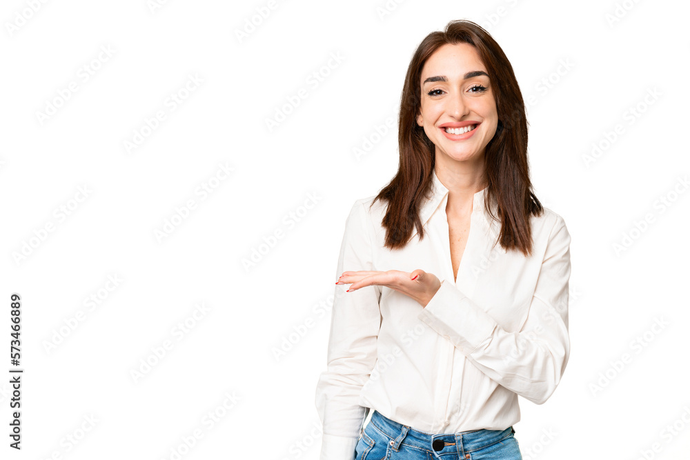 Young caucasian woman over isolated chroma key background presenting an idea while looking smiling towards Young caucasian woman over isolated chroma key background presenting an idea while looking smiling towards