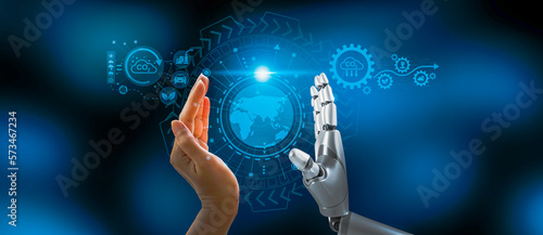Robot hand about to touch human hand embracing earth icon. new technology in the future of the world, the concept of artificial intelligence (AI) is important to the world in the future, earth concept