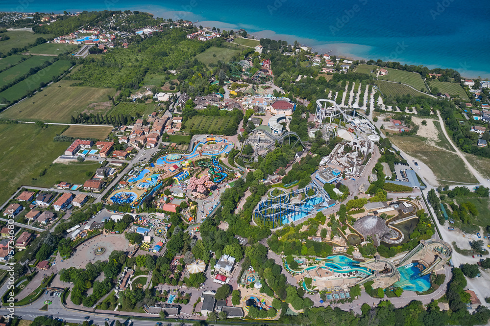 Top view of an amusement park, Lake Garda Italy. Panorama of Lake Garda Italy. Panorama at high altitude. Amusement park Italy. Extreme entertainment garda.