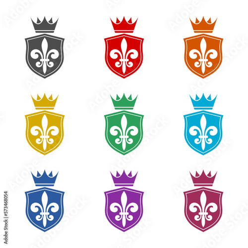 Coat of arms with fleur de lis heraldic symbol icon isolated on white background. Set icons colorful