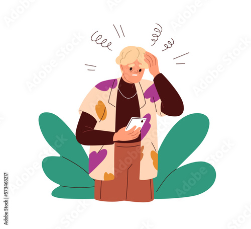 Anxious stressed person reading bad news online with mobile phone. Sad worried character looking negative information at smartphone. Flat graphic vector illustration isolated on white background