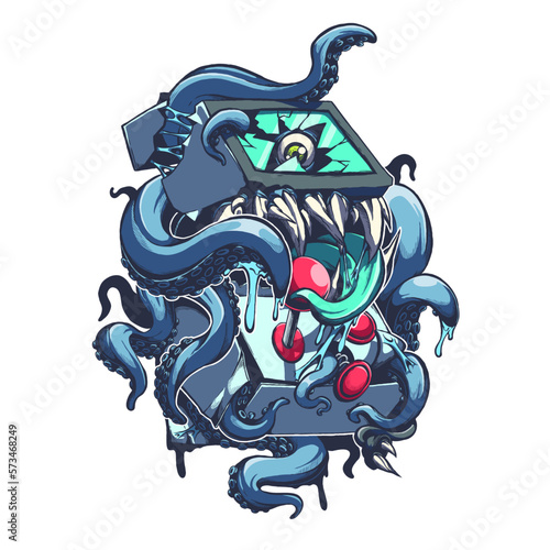 vector t-shirt design featuring a tentacle monster fused with an arcade game machine
