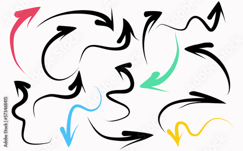 all types of colorful directed arrows, Infographic elements on isolated white background. Hand drawn simple arrows. Cute arrows set with rainbow colours