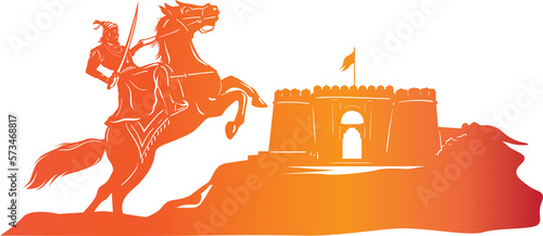 silhouette of a fort backdrop with Shivaji Maharaj riding a horse  photo