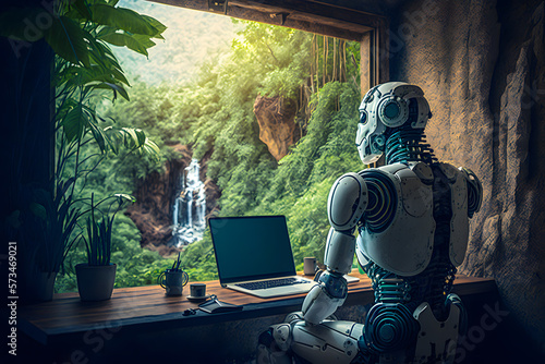 Fototapeta Naklejka Na Ścianę i Meble -  Humanoid robot works at a desktop laptop, lives alone in a house with a window view of the jungle forest and wildlife. Generative AI