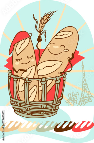 Illustration of humanized French baguettes with the Eiffel Tower in the background