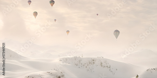 balloons fly in sky with mountain landscape background, beige color style, copy space for text, illustration, Generative, AI