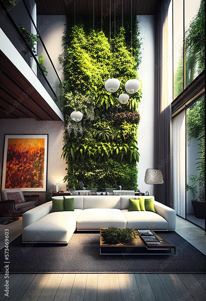 Image showcasing Vertical garden in modern living room, plants in luxury interior ...