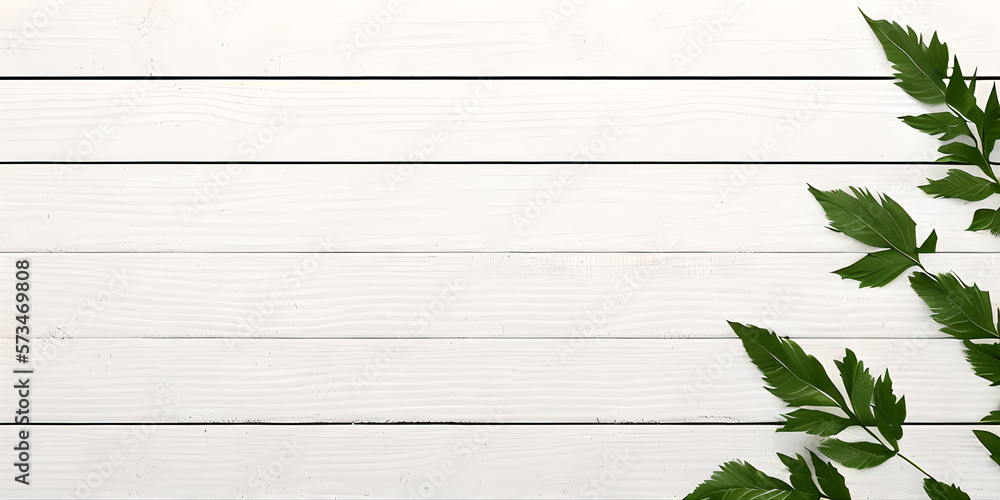 white wood wall with green leaves background, copy space for text, illustration, Generative, AI white wood wall with green leaves background, copy space for text, illustration, Generative, AI