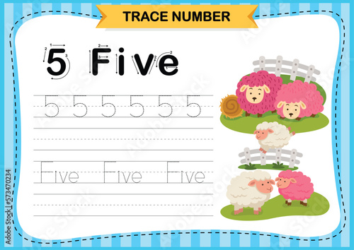 Numbers exercise with cartoon vocabulary.Trace number design for learning handwriting illustration  vector