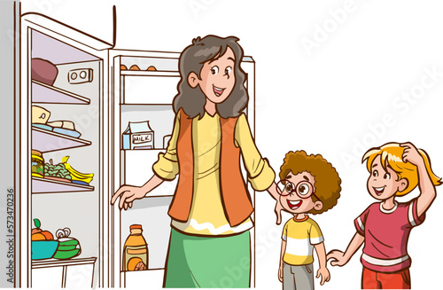 family looking at food with the refrigerator door open