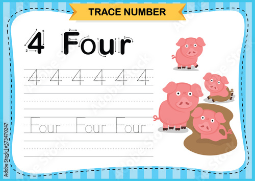 Numbers exercise with cartoon vocabulary.Trace number design for learning handwriting illustration  vector