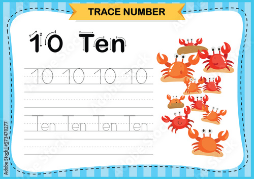 Numbers exercise with cartoon vocabulary.Trace number design for learning handwriting illustration  vector