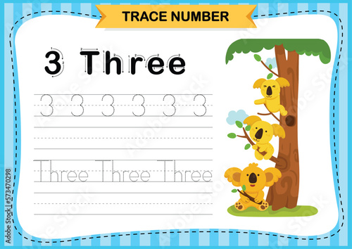 Numbers exercise with cartoon vocabulary.Trace number design for learning handwriting illustration  vector
