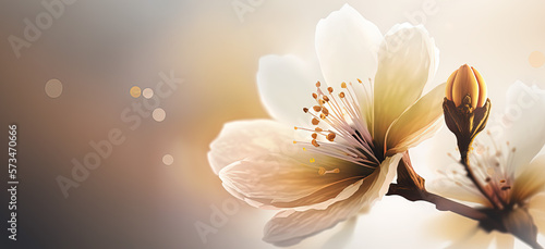 Spring banner, single almond flower close up. Generative AI.