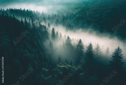 Fotografie, Obraz Fog in forest aerial view. Generative AI